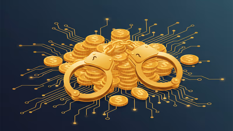 Handcuffs on digital coins symbolizing crypto arrest
