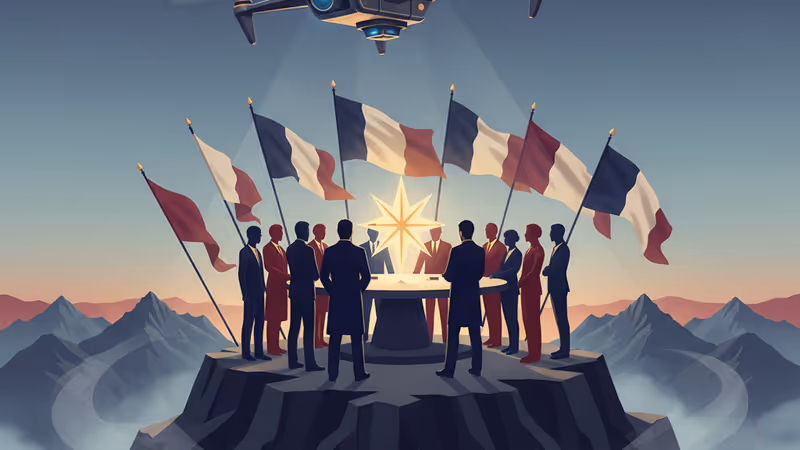 Surveillance drone flying over a foggy mountainous DMZ border area