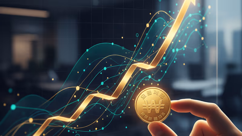 在現代化辦公桌上清點韓元鈔票的近景