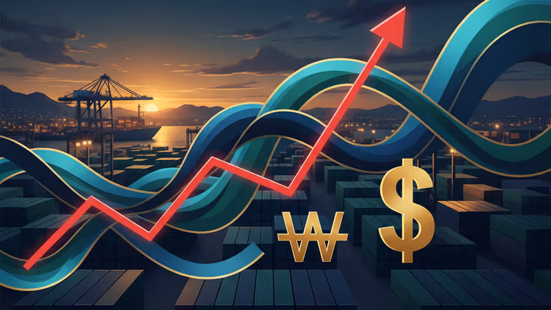 평택항 컨테이너 터미널 전경과 수입물가 상승을 나타내는 그래픽