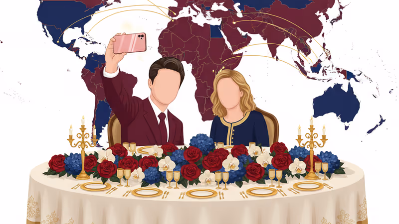 이재명 대통령과 멜로니 총리가 청와대에서 핑크색 갤럭시 스마트폰으로 셀카를 찍는 모습