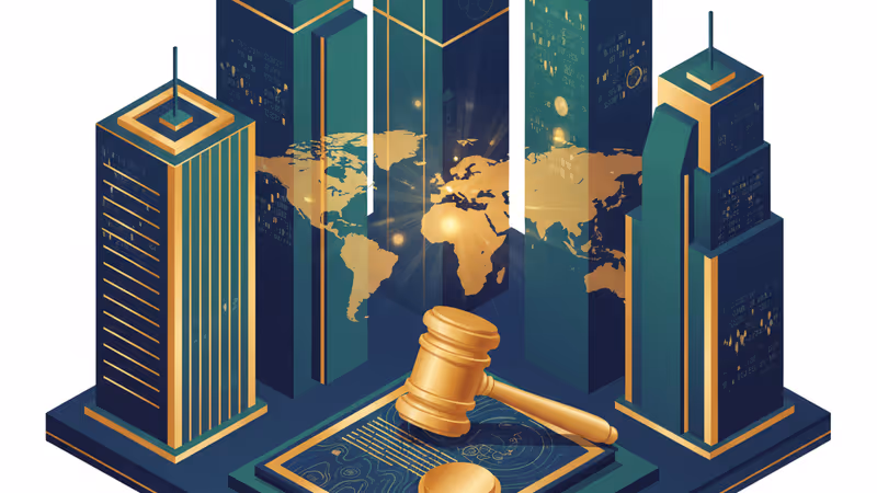 법정의 법봉과 배경에 펼쳐진 세계 지도 리스크 맵