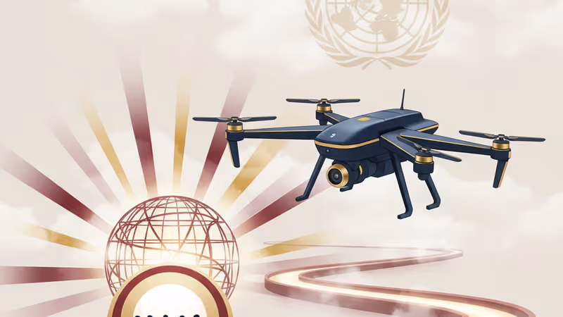 A drone flying through DMZ mist with the UNC logo