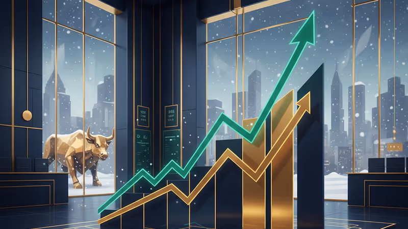 주가 상승을 나타내는 초록색 전광판이 가득한 뉴욕 증권거래소 내부 전경