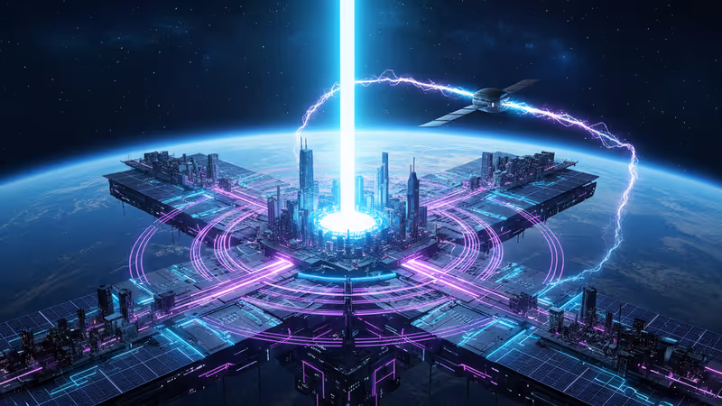 Space solar power satellite emitting a laser near other satellites