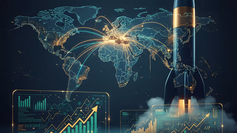 Holographic data screens and a rocket silhouette representing tech growth