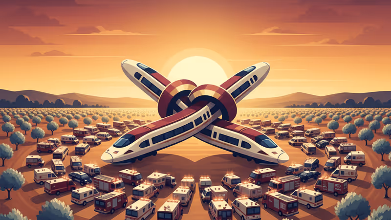 スペインのアダムス付近で発生した高速鉄道衝突事故の現場で救助活動を行う様子