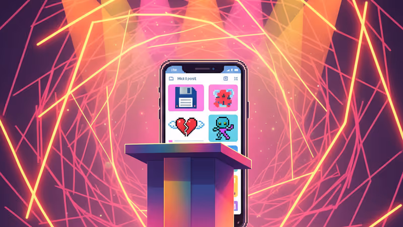 Digital artwork overlapping bright stage lights and social media feeds.