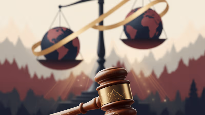 A gavel and scales of justice in a courtroom setting