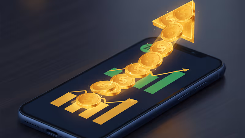 Smartphone screen with Spotify logo and dollar signs showing a price trend