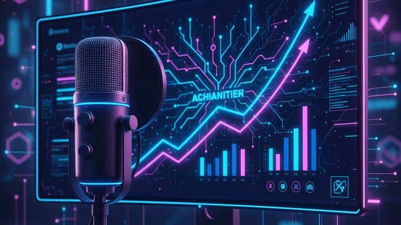 Spotifyのロゴと成長グラフが表示されたタブレットがあるポッドキャストスタジオ