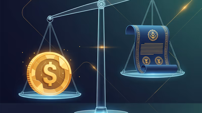 天平兩端衡量著穩定幣與法規的意象圖