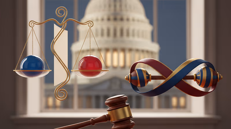 Interior view of an empty congressional chamber with the US Capitol dome in the background.