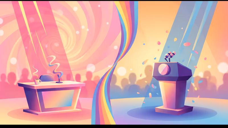 深夜脫口秀麥克風與政治講台背景，象徵娛樂與政治的碰撞。