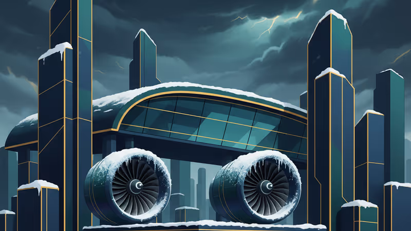 눈 덮인 항공기 엔진과 어두운 폭풍우 구름이 가득한 공항 전경