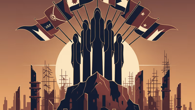 ハルツーム市内の再建現場とスーダン国旗