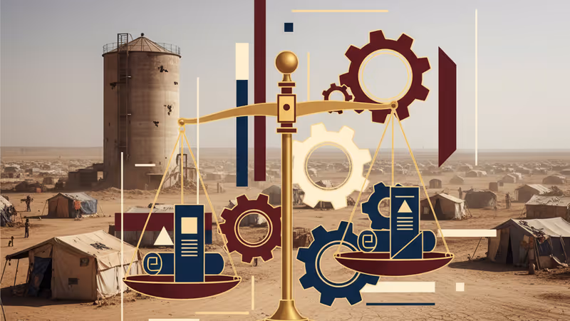 蘇丹荒涼土地上的一個空糧食碗，背景是塵土飛揚中的聯合國旗幟