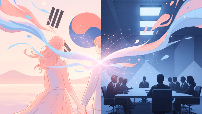 Lead characters of Surely Tomorrow standing united against a corporate backdrop