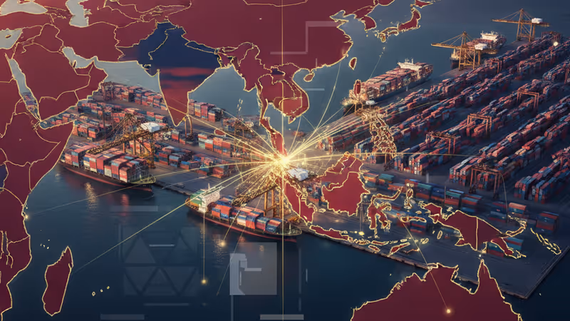 석양 아래 베트남 항구에 쌓인 수많은 컨테이너 상자들