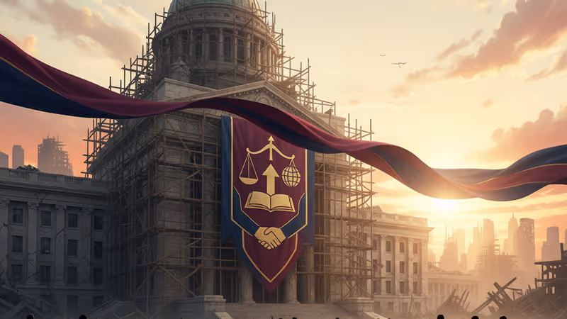 다마스쿠스의 폐허 위로 새 깃발이 걸린 전경