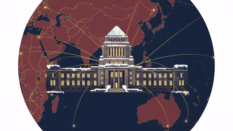 冬季清冷天空下的日本國會議事堂與跳動的經濟數據