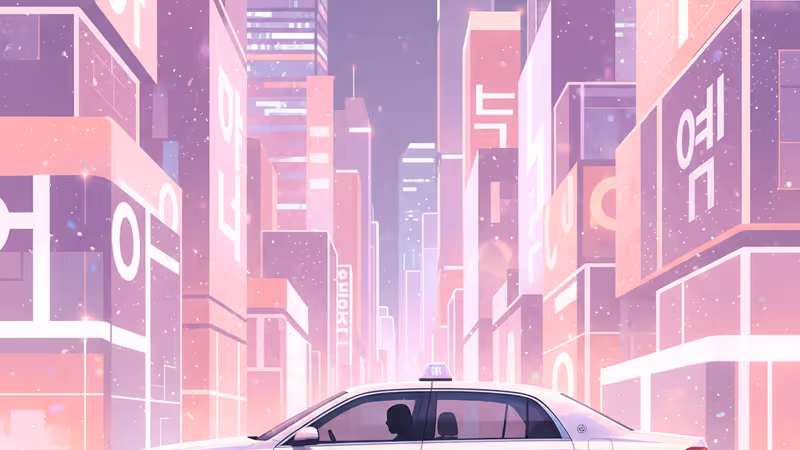 Silhouette of the Rainbow Taxi under city lights with an empty driver seat