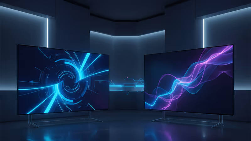화려한 색감의 화면이 켜진 얇은 베젤의 프리미엄 TV 측면 모습