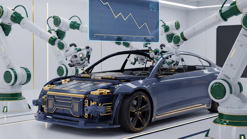 테슬라 로고가 새겨진 전기차 제조 공정 내부