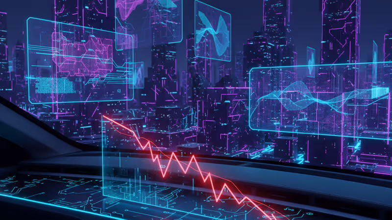 어두운 배경 속 테슬라 차량과 하락하는 실적 그래프