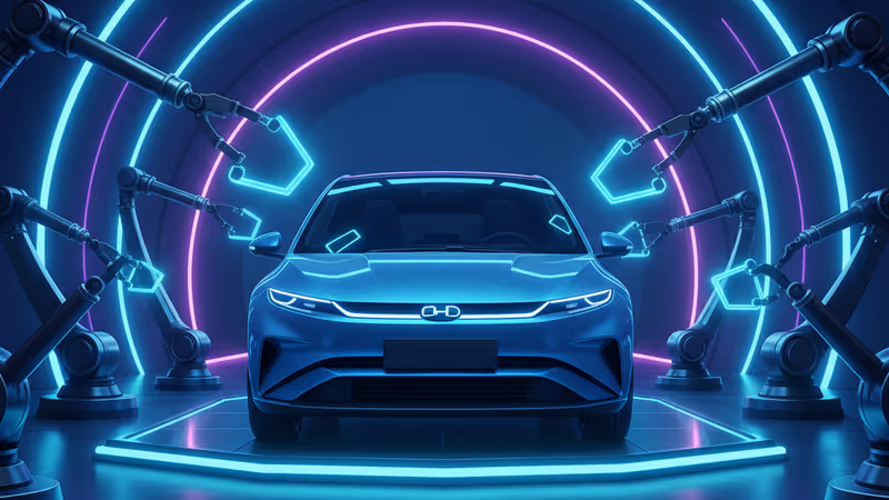 夕暮れの海岸線を走る青いBYD製電気自動車の全景