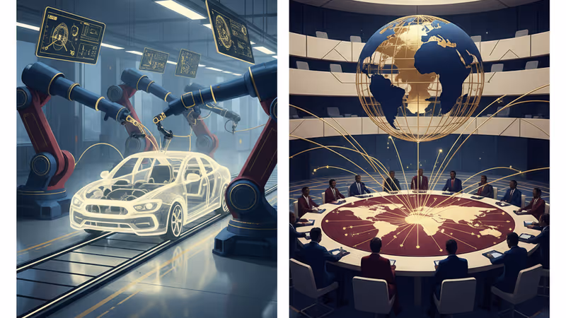 象徵美中電動車競爭與外交博弈的科幻風格棋盤圖示