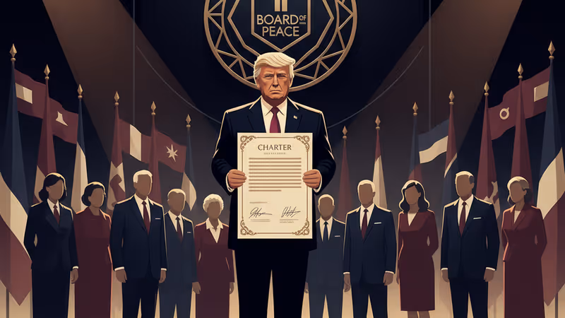 President Trump holding the signed Board of Peace charter at Davos 2026.