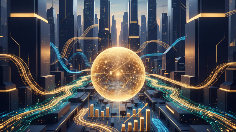 數位化金融數據流動與傳統金融機構交織的全球轉型意象