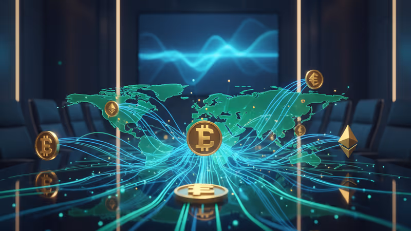 Fiber optic world map connecting Bitcoin and Ether icons