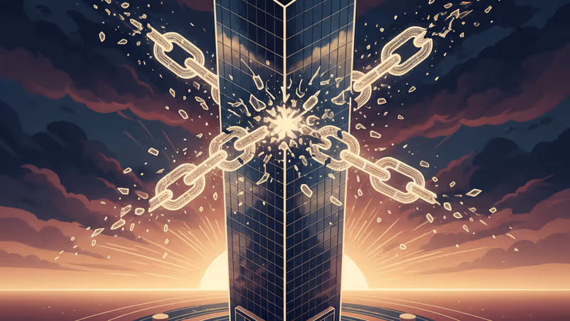 캄보디아 프놈펜의 현대식 고층 빌딩과 부서지는 사슬 그래픽