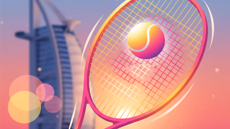 두바이 석양을 배경으로 펼쳐진 현대적인 테니스 코트 전경