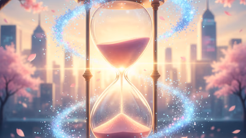 신비로운 파란색 불꽃과 디지털 도시 배경이 어우러진 마법의 모래시계 이미지