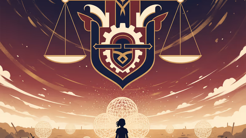 A child looking at the sky amidst rubble with lanterns symbolizing community hope.