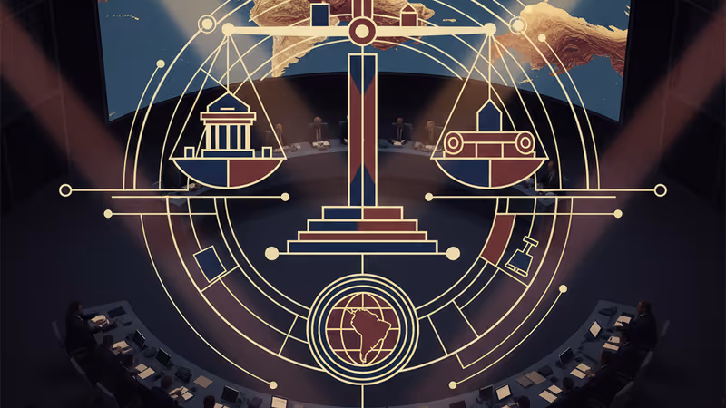 Silhouettes of diplomats debating in front of a glowing map of South America