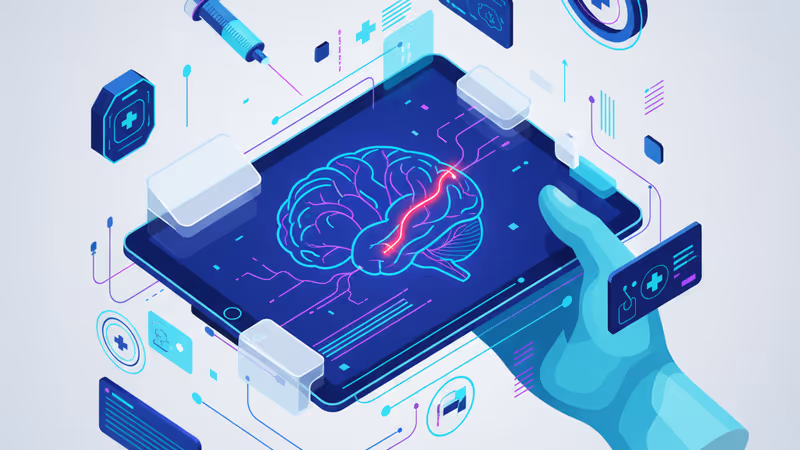 A medical tablet showing a brain scan with an arterial highlight