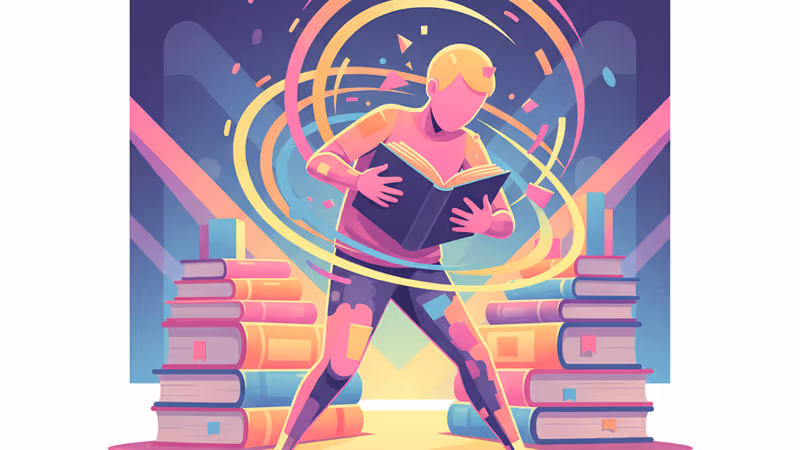 数多くの本の中から、典型的な設定の小説を批判的に見る読者の様子