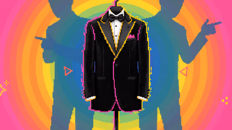 高級な結婚式用スーツと、背後で指示を出す影