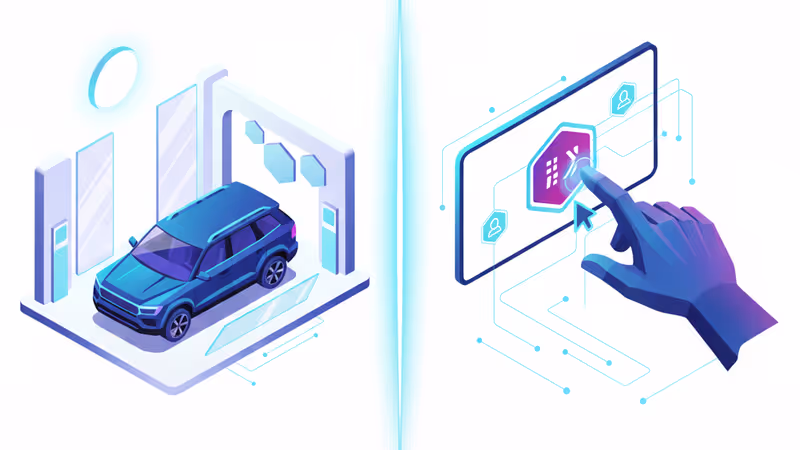 Split view of a car showroom and a digital purchasing interface