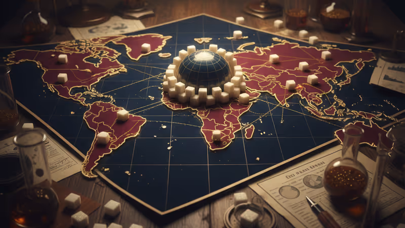 1960年代研究室場景，糖塊在心臟病解剖圖上投下陰影