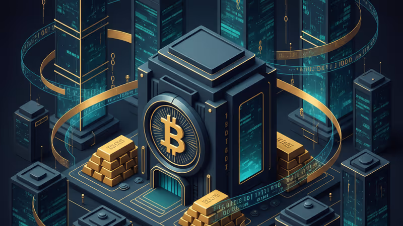 ビットコインの巨大なコインが企業の建物を支えているイメージ図