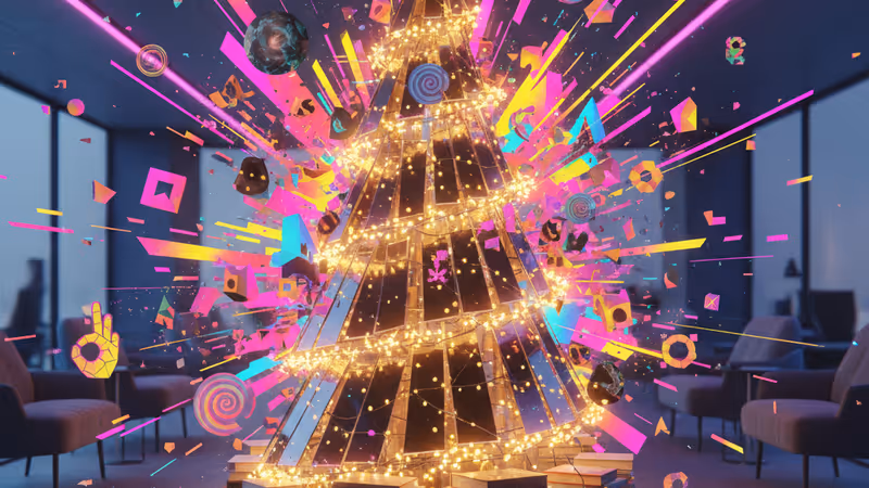 A creative office Christmas tree made of books and glass