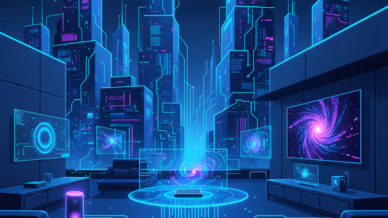 현대적인 거실에서 스마트 기기들이 파란색 디지털 네트워크로 연결된 모습