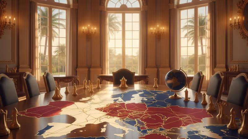 A map of Ukraine and diplomatic documents on a table at Mar-a-Lago