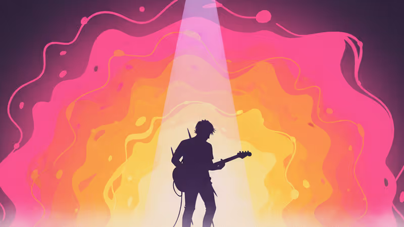 Silhouette of Perry Bamonte playing guitar on stage