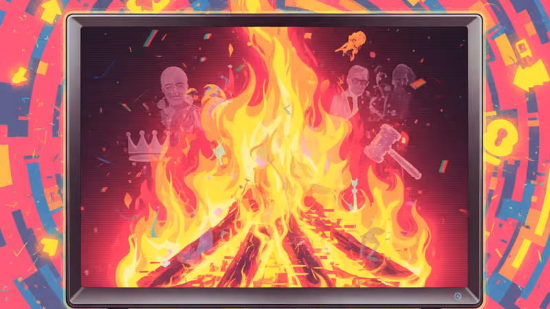 거실의 TV 화면에서 상영되는 도널드 트럼프 테마의 크리스마스 장작불 영상